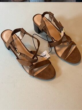 LOFT Tan Suede Wrap-Strap Sandals with Buckle